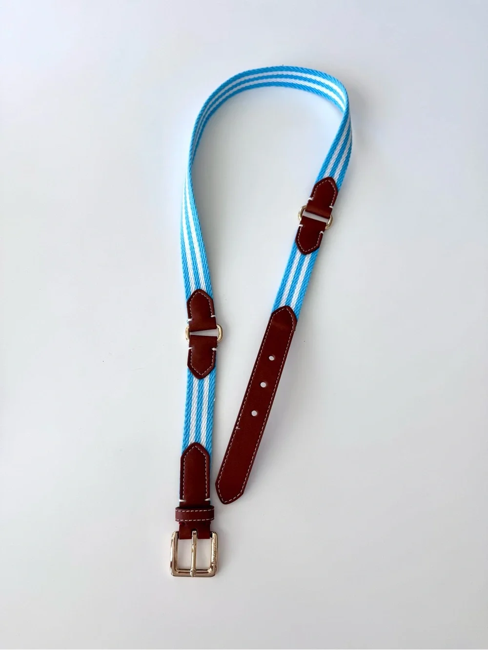 Tommy Hilfiger Striped Light Blue Belt with Brown Leather Golden Tone Buckle M